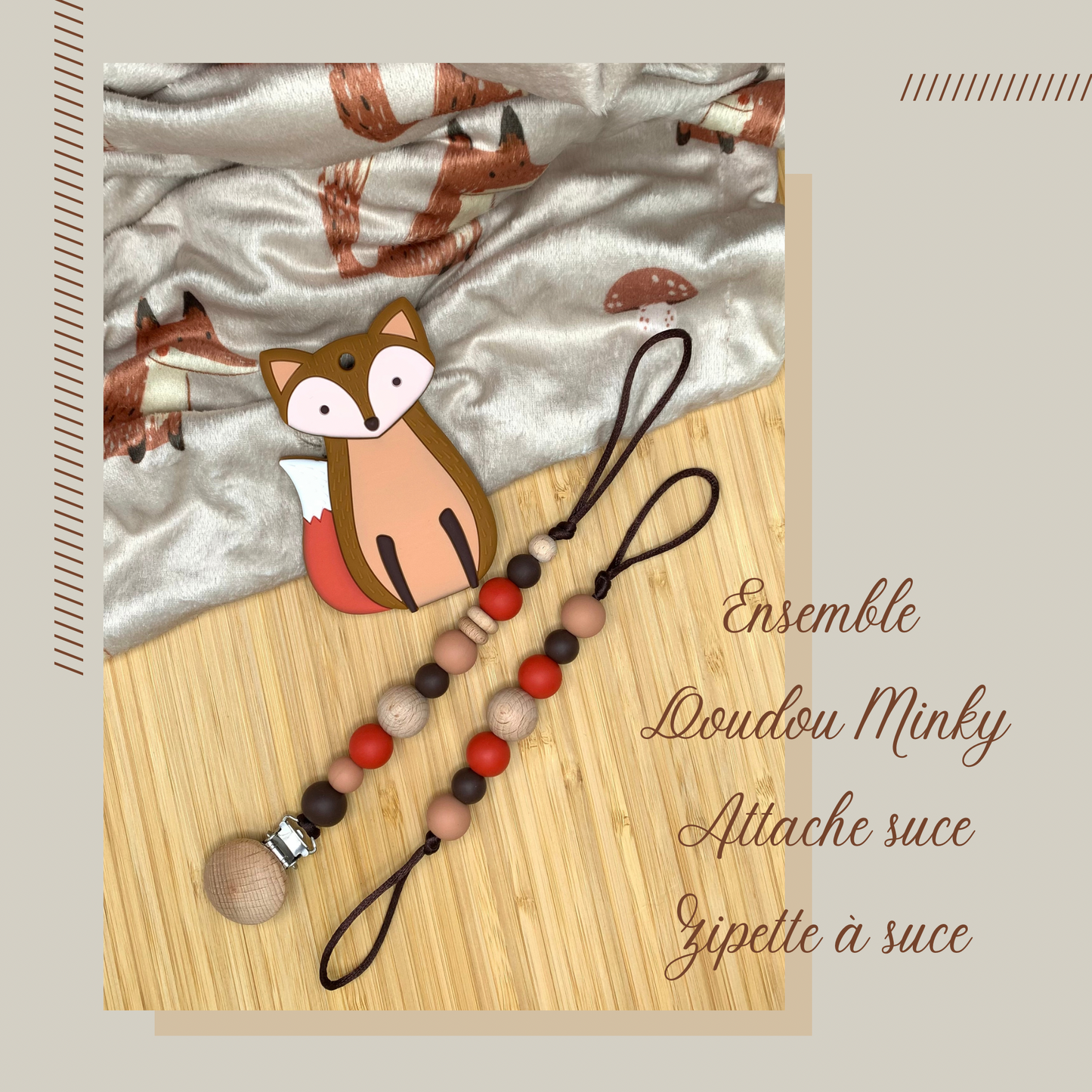 Ensemble cadeau doudou Minky et accessoires. Attache suce/zipette à suce/jouet